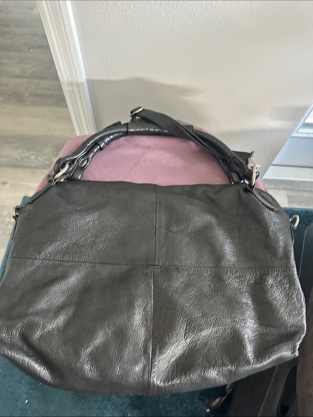 Soft Black Leather Shoulder Tote with Padded Handle